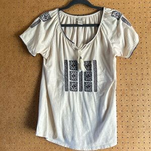 Lucky Brand Boho Short Sleeve Shirt Cream/Blue Trim